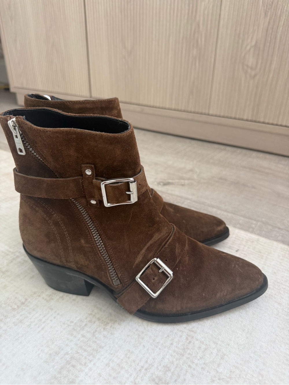 AllSaints Brown Suede Buckle Ankle Boots